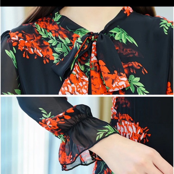 Black Red Floral Tie Bow Neck Maxi Long Dress Sheer Long Sleeve size 14 NWT - Picture 6 of 11